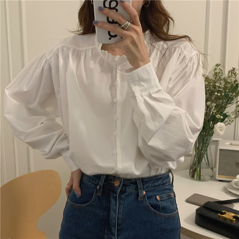 Long sleeve lace Korean style splice simple shirt
