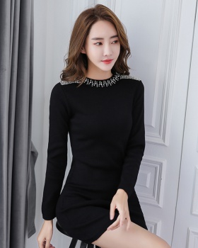 Round neck beading knitted sexy long sleeve dress