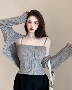 Autumn knitted chain vest lazy Korean style cardigan 2pcs set
