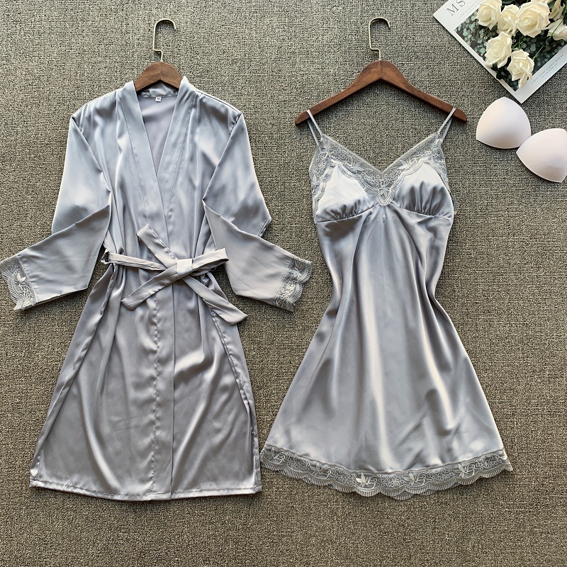 Long sleeve nightgown ice silk night dress 2pcs set for women