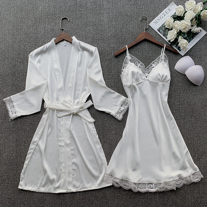 Long sleeve nightgown ice silk night dress 2pcs set for women