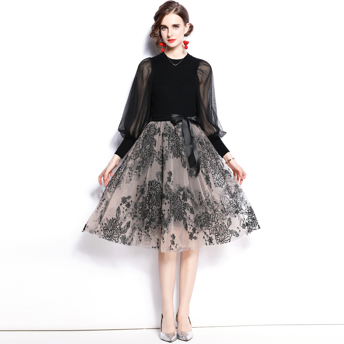 Knitted gauze floral autumn long sleeve fashion dress for women