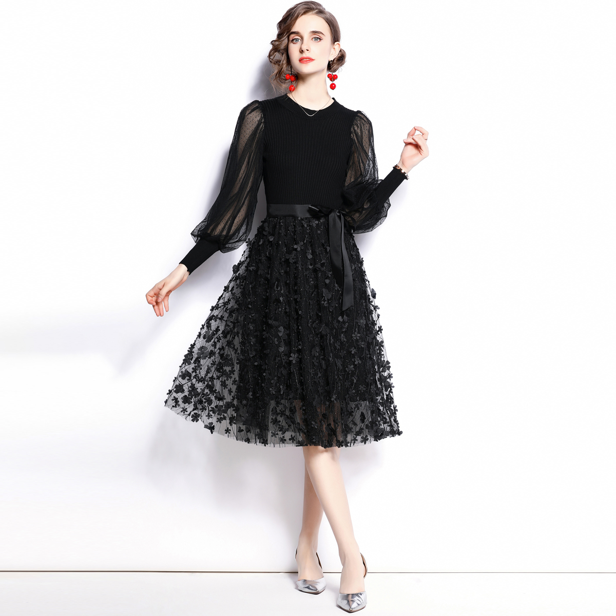 Autumn floral splice fashion knitted dress for women