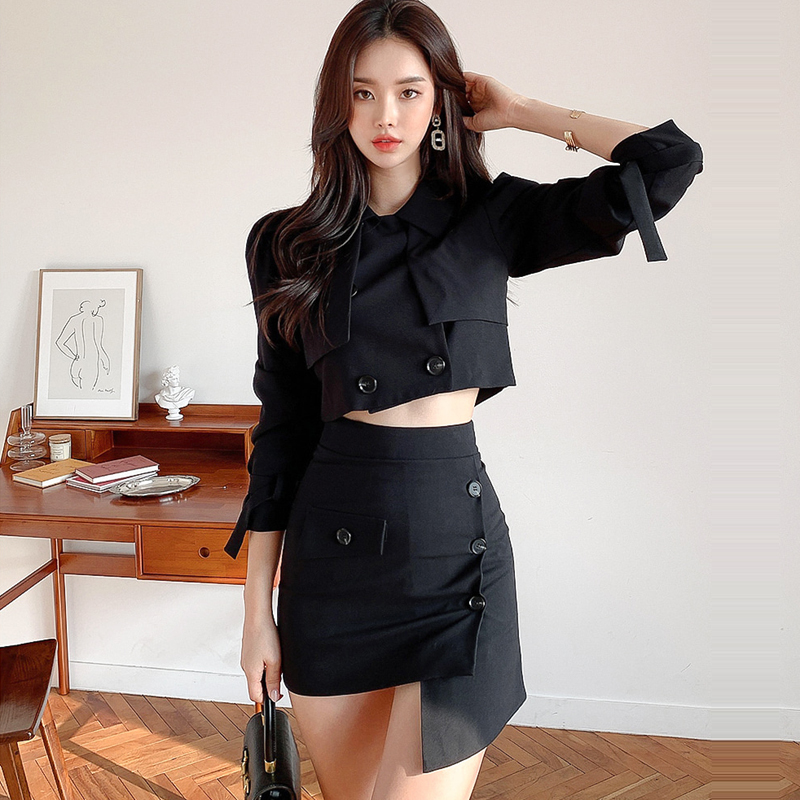 Pinched waist double-breasted short skirt autumn coat 2pcs set