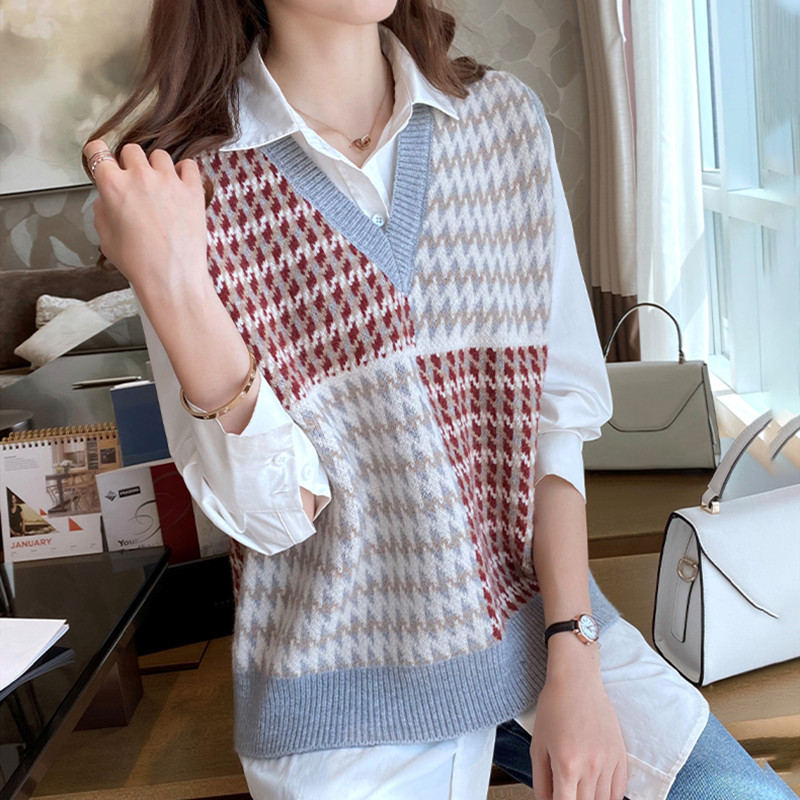 Loose mixed colors waistcoat Korean style sweater for women