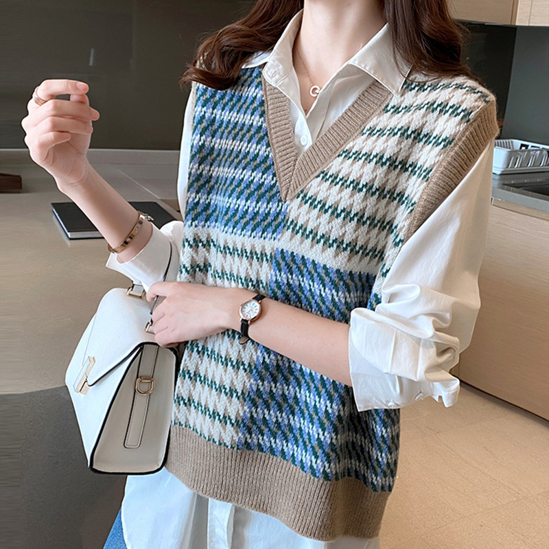 Loose mixed colors waistcoat Korean style sweater for women