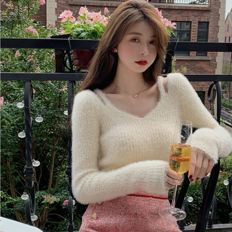 Strapless slim sweater imitation of mink hair tops for women