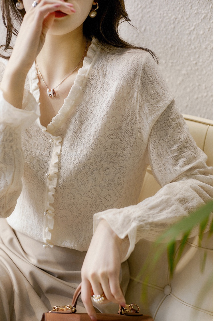 Pullover light lace autumn V-neck knitted jacquard tops