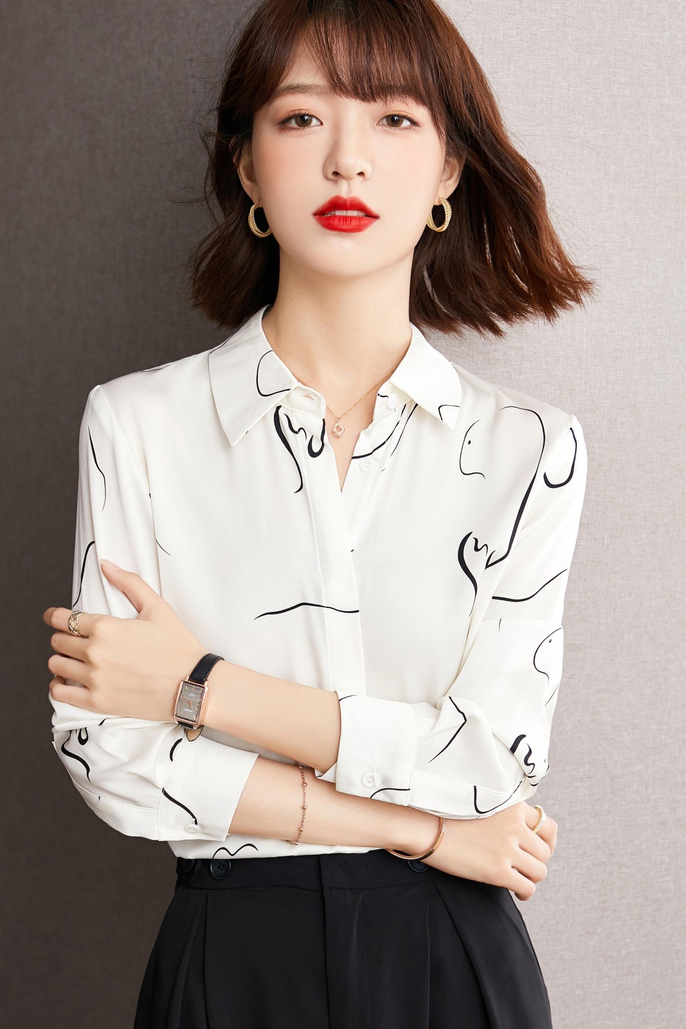 Silk long sleeve tops printing shirt for women