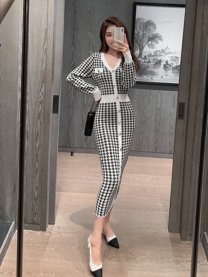 Sexy package hip dress houndstooth long dress