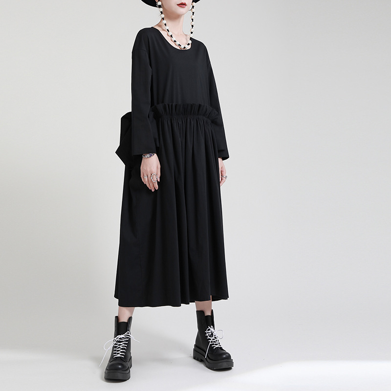 Long Pseudo-two skirt round neck elegant dress