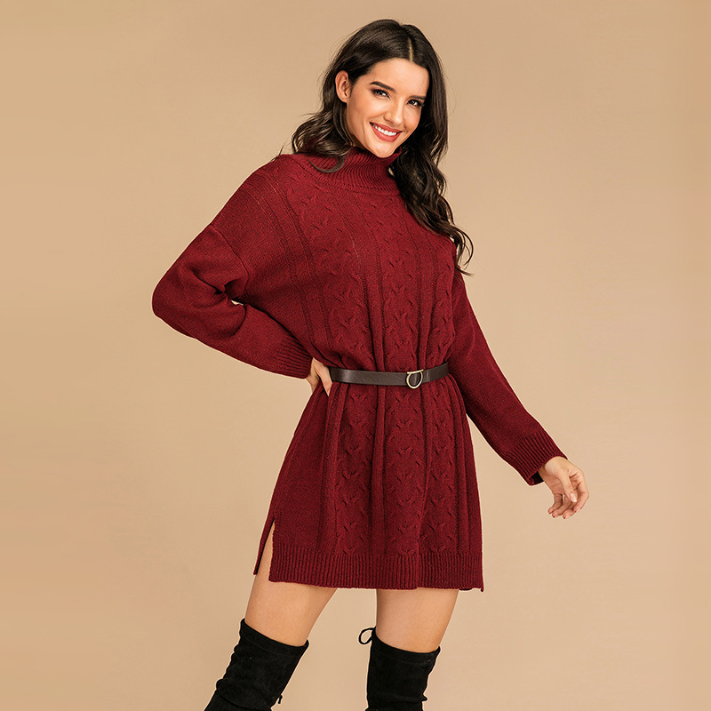 Long sleeve pullover twist high collar autumn sweater dress