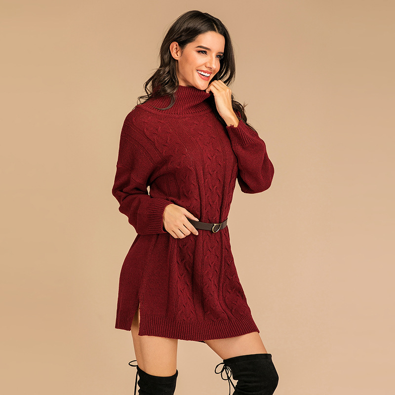 Long sleeve pullover twist high collar autumn sweater dress