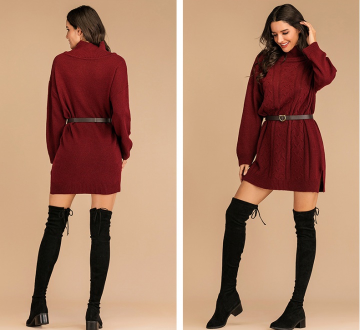 Long sleeve pullover twist high collar autumn sweater dress