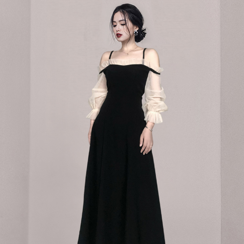 Black Korean style dress puff sleeve formal dress