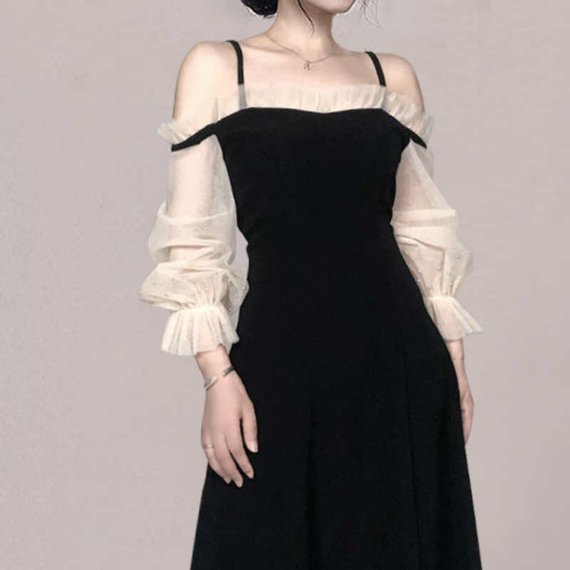 Black Korean style dress puff sleeve formal dress