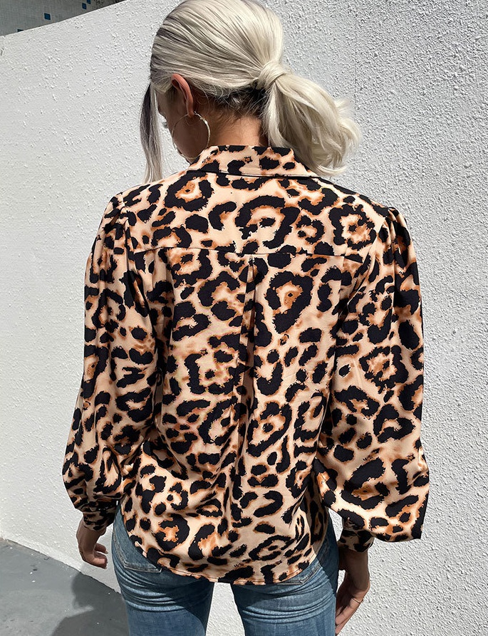 Autumn lapel European style leopard long sleeve shirt for women