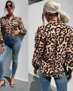Autumn lapel European style leopard long sleeve shirt for women