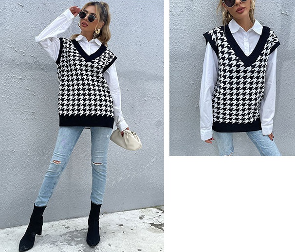 European style V-neck houndstooth knitted waistcoat for women