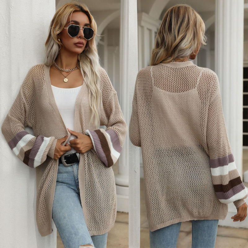 Mixed colors long hollow sweater loose knitted coat for women