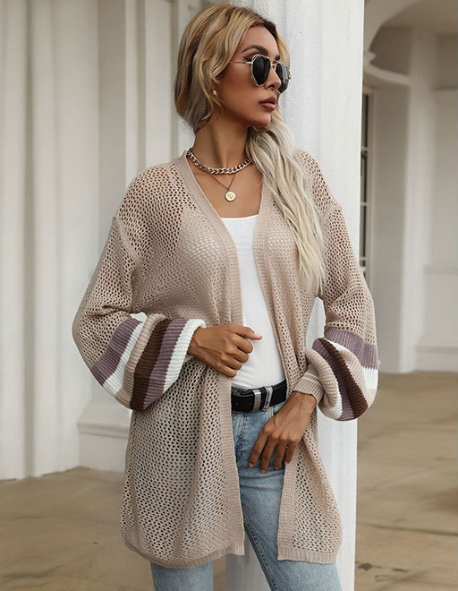 Mixed colors long hollow sweater loose knitted coat for women