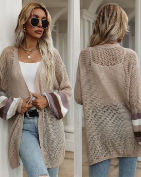 Mixed colors long hollow sweater loose knitted coat for women