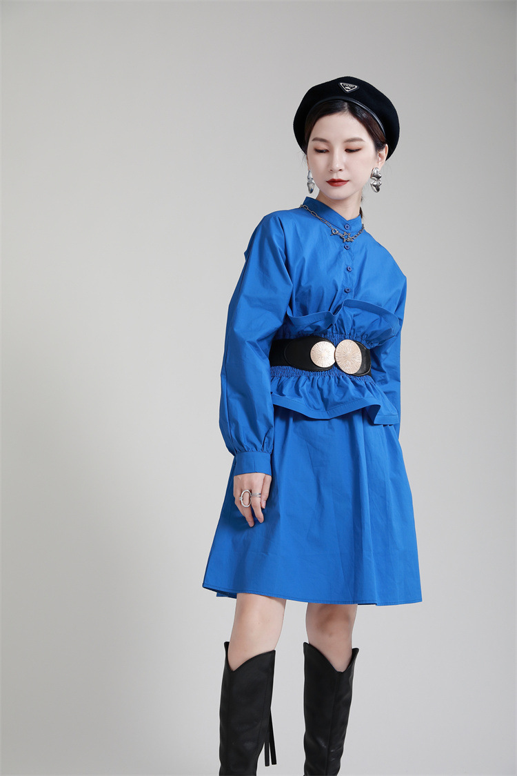 Pinched waist slim elastic long sleeve lotus leaf edges dress