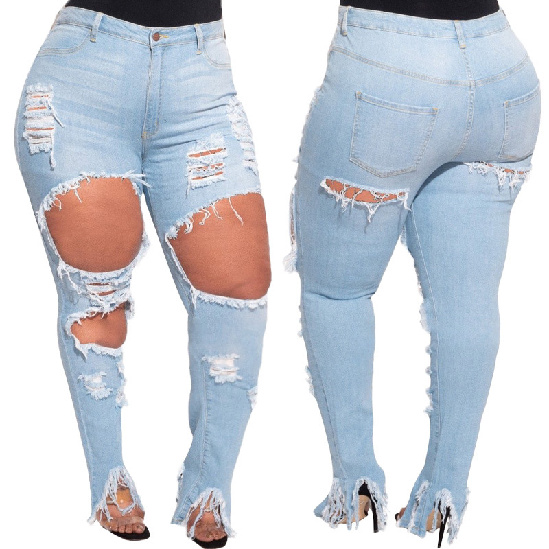 Washed slim holes large yard street jeans for women