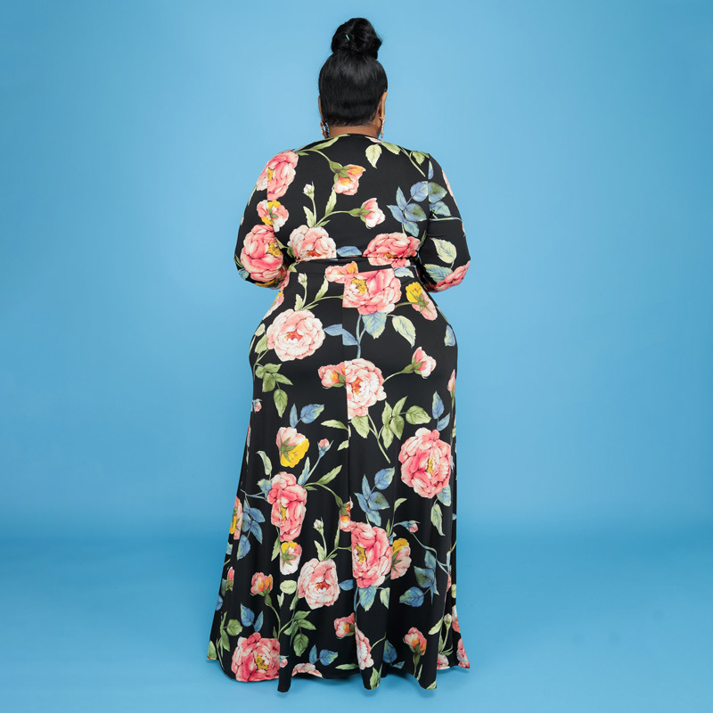 Large yard long dress printing V-neck belt for women