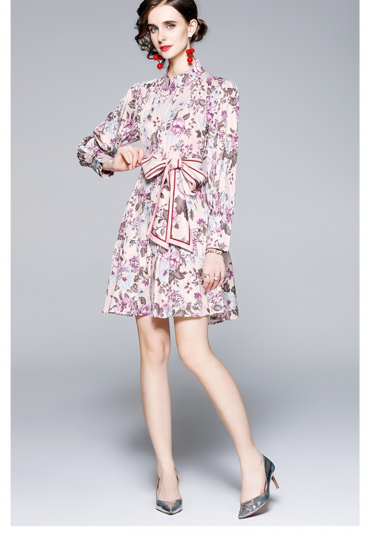 All-match stand collar long retro pink autumn printing dress
