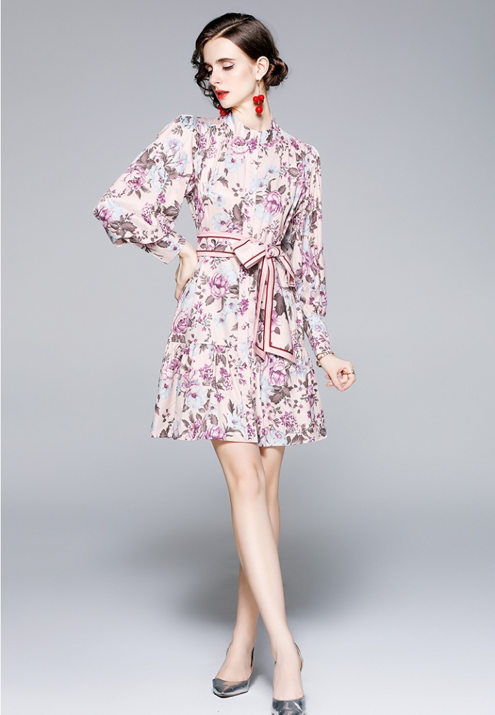 All-match stand collar long retro pink autumn printing dress