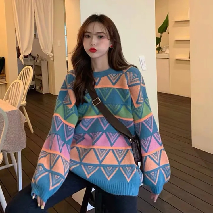 Diamond mixed colors plaid autumn sweater for women