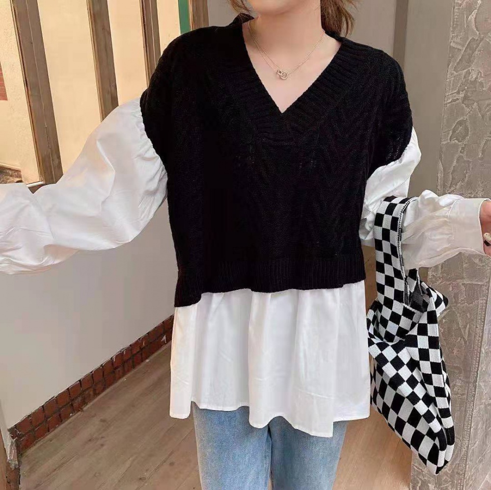 Pseudo-two splice all-match fashionable knitted shirt