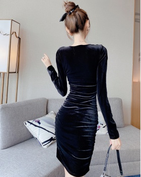 Velvet pinched waist bottoming autumn and winter tight cross dress