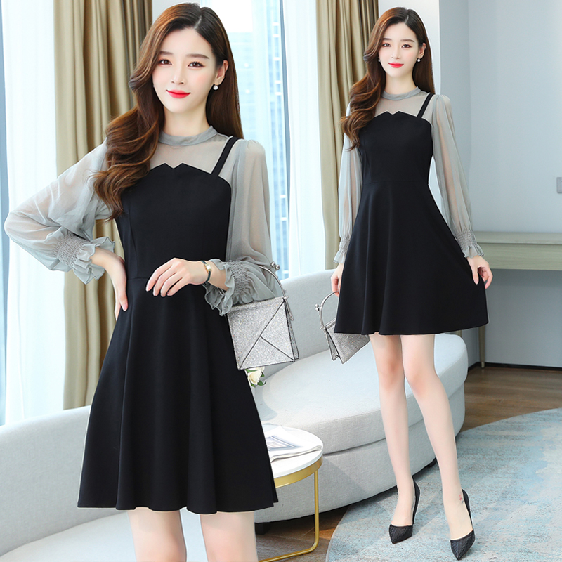 Light black slim long sleeve Pseudo-two dress for women
