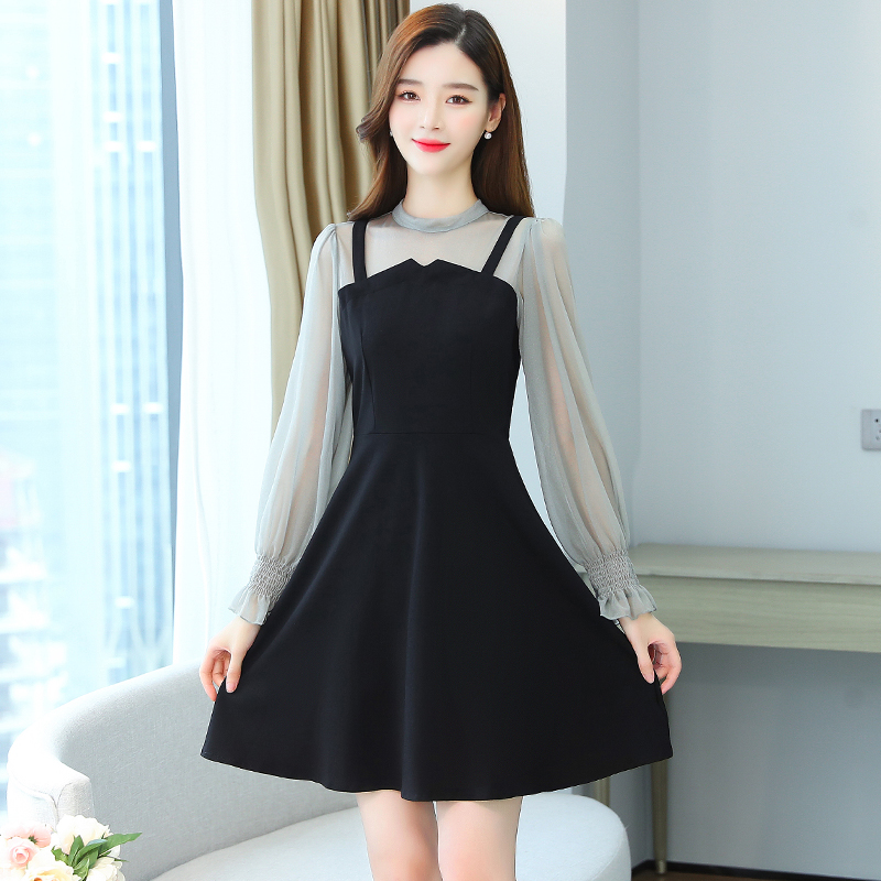Light black slim long sleeve Pseudo-two dress for women