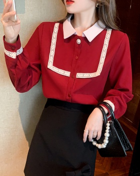 Red doll collar tops autumn and winter small shirt