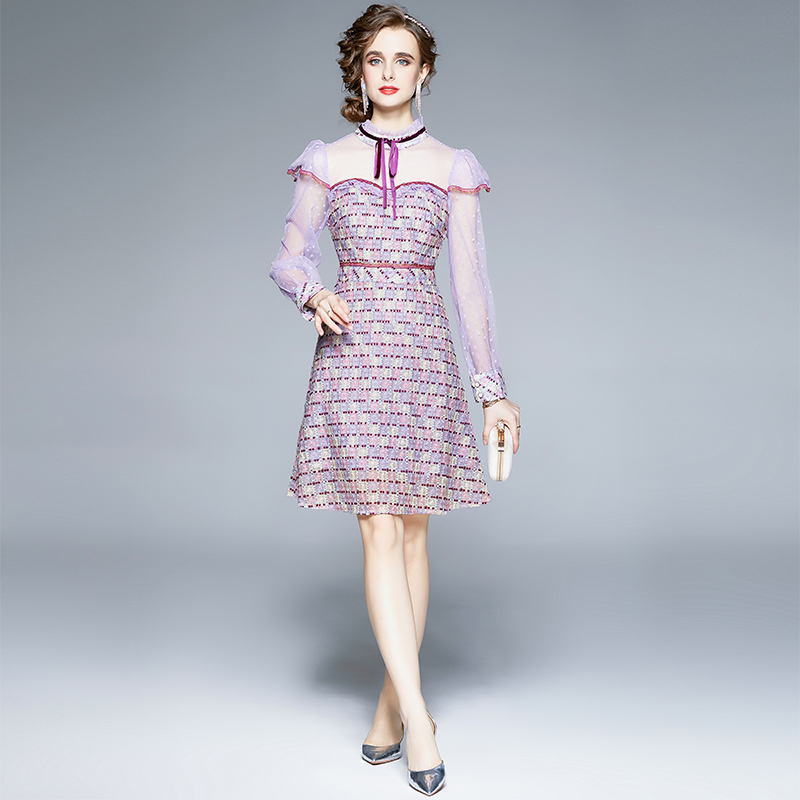 Plaid lace cstand collar gauze fungus dress for women