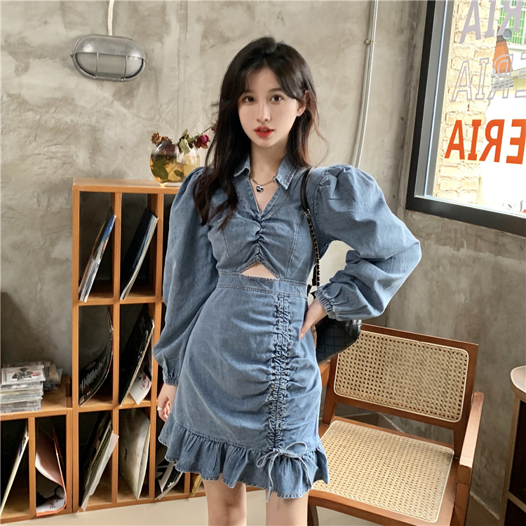 Binding autumn V-neck slim puff sleeve hollow dress