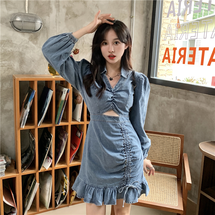 Binding autumn V-neck slim puff sleeve hollow dress