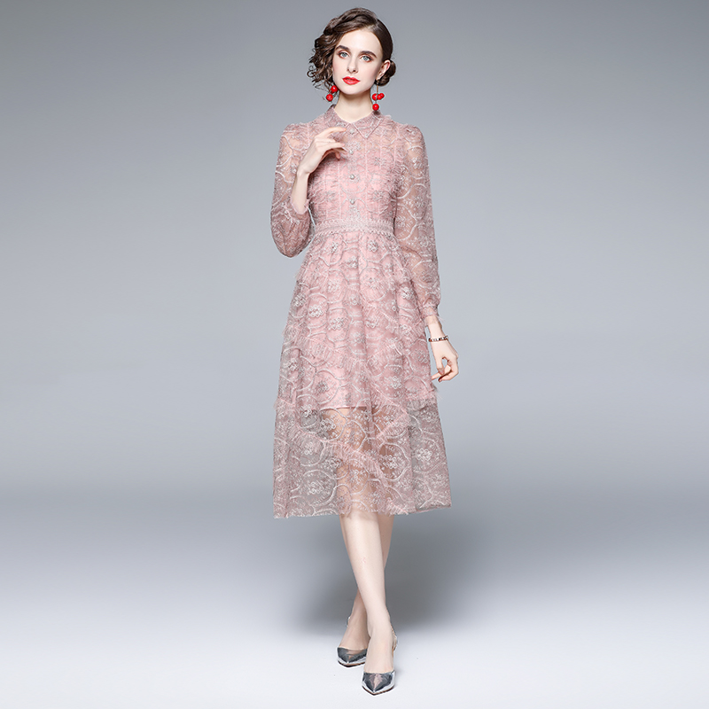 Temperament gauze lace embroidered pink dress