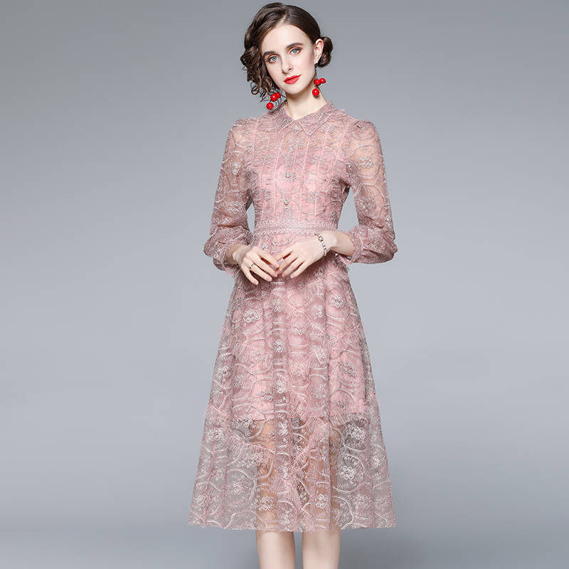 Temperament gauze lace embroidered pink dress
