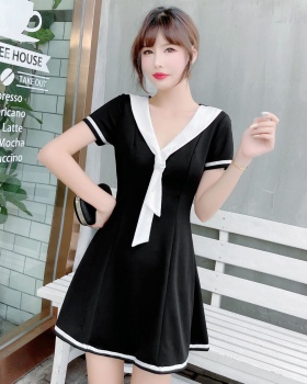 Navy style collar Korean style slim high waist dress