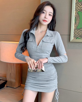 Pinched waist Korean style high waist pure dress
