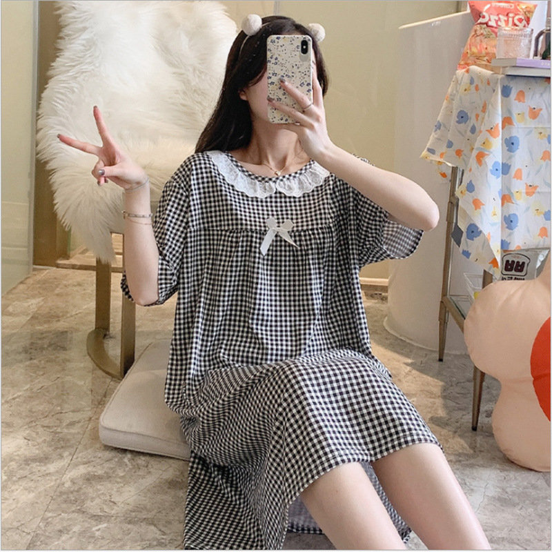 Summer Casual plaid milk silk cozy night dress