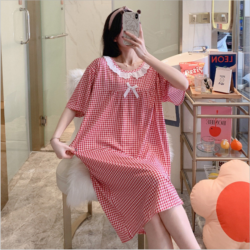 Summer Casual plaid milk silk cozy night dress