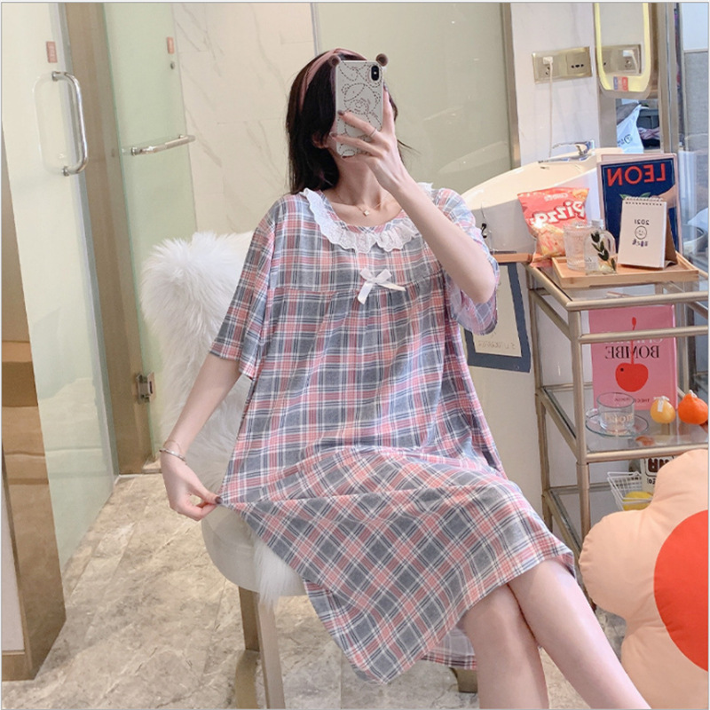 Summer Casual plaid milk silk cozy night dress