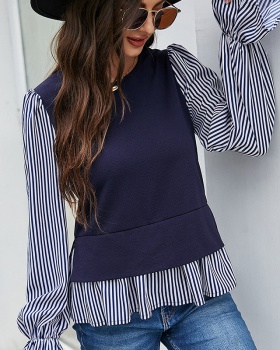 Trumpet sleeves splice pullover stripe pure tops
