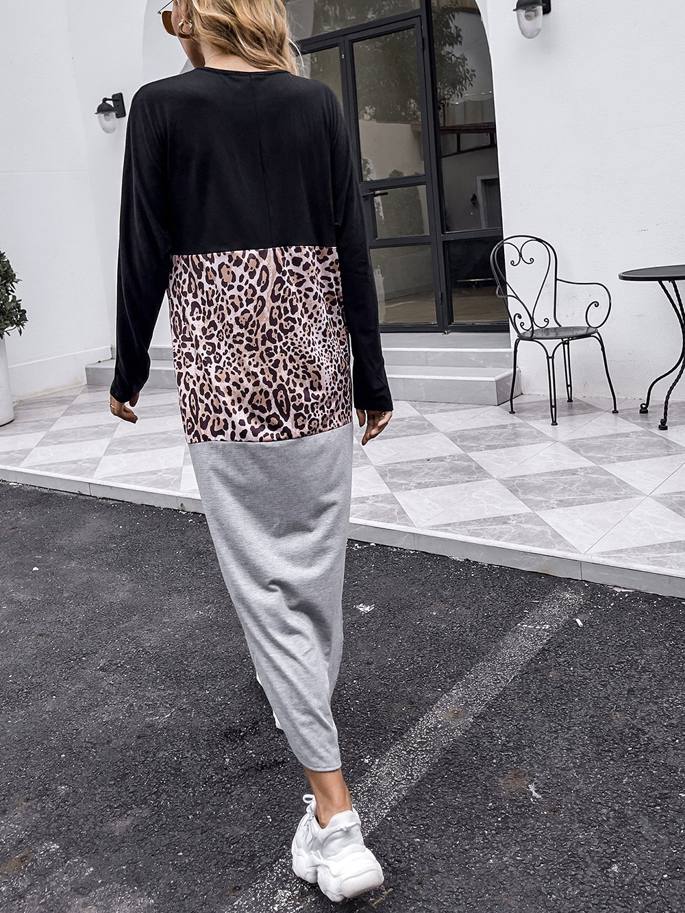 Long European style irregular leopard dress for women