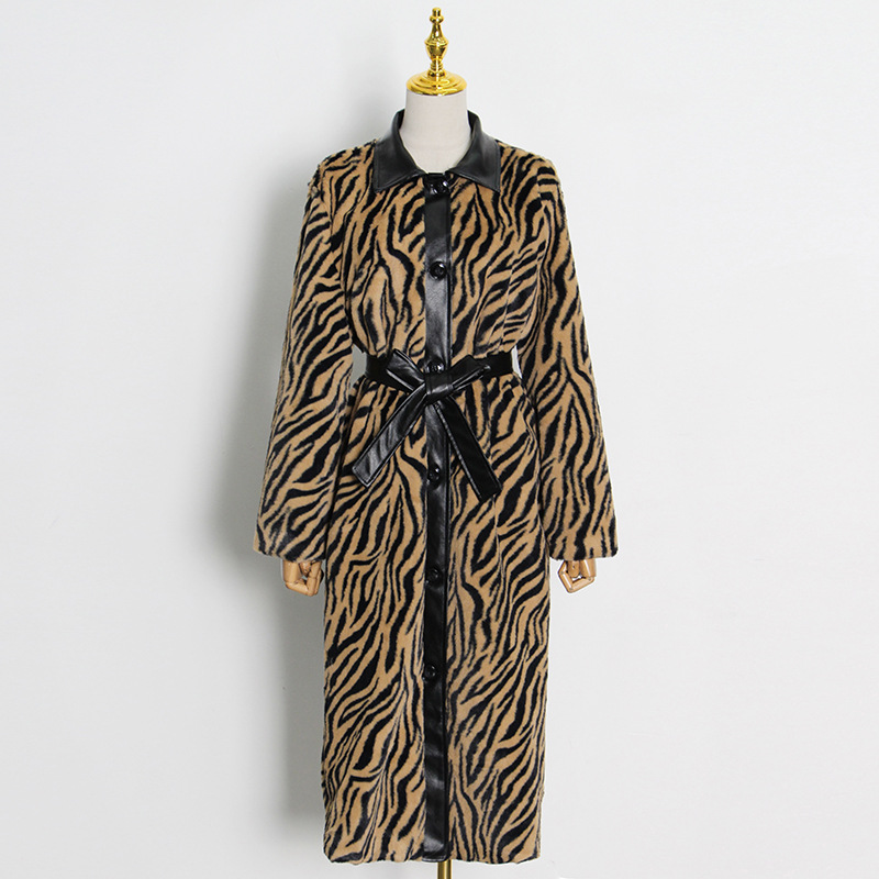 European style long overcoat pinched waist zebra cotton coat